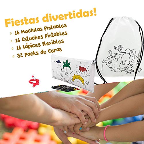 16 Mochilas y 16 Estuches Pintables con Ceras - Horas de Diversión - Original Regalo de Cumpleaños, Fiestas Colegio Infantil y Comuniones - Incluye 16 Divertidos Lápices Flexibles + 16 Bolsas