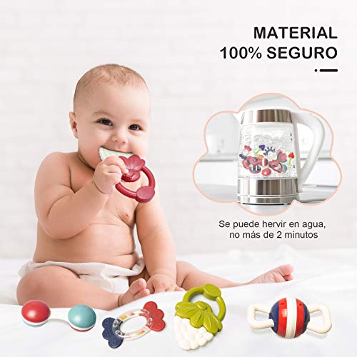 16 PCS Sonajero y Mordedor Bebé, INPHER Juguete Bebé de 3,4,6,9 Meses, con 4 Piezas Mordedor Fruta Refrigerante Sin BPA, Juguetes Educativos Tempranos con Caja, Regalo para Niño Niña Recién Nacido