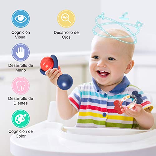 16 PCS Sonajero y Mordedor Bebé, INPHER Juguete Bebé de 3,4,6,9 Meses, con 4 Piezas Mordedor Fruta Refrigerante Sin BPA, Juguetes Educativos Tempranos con Caja, Regalo para Niño Niña Recién Nacido