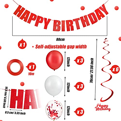 17 Piezas Set de Decoraciones de Happy Birthday Banner de Cumpleaños Remolinos Colgantes de Happy Birthday Globos de Látex Lentejuelas Confeti para Fiesta de Cumpleaños (Rojo y Blanco)