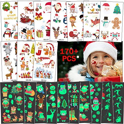 170x Navidad Tatuajes Temporales iluminan en la Oscuridad para Niños Niñas, La Misa Del Gallo Tatuaje Falso Pegatinas Dibujos Animados para Infantiles de favor de Nochevieja Fiesta Bolsa de Regalo