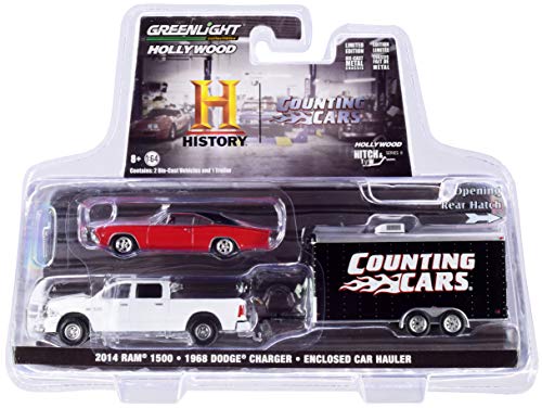 2014 Ram 1500 Pickup Truck & 1968 Dodge Charger R/T Red & Cerrado Car Hauler Contando Coches (2012) Serie TV 1/64 Diecast Modelos Greenlight 31100 C