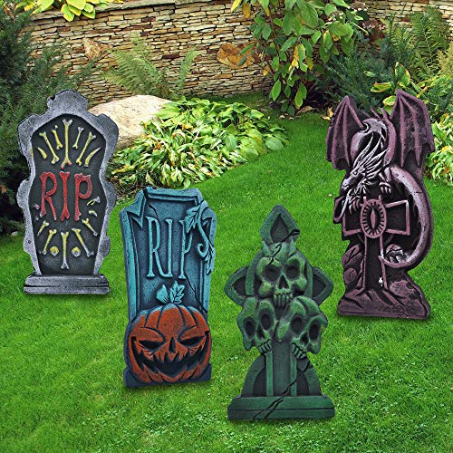 43 cm Lápida Sepulcral de Espuma para Halloween (6 Piezas), Lápida con Diferentes Estilos y Estacas de Metal Adicionales para Decoraciones de Jardín de Halloween