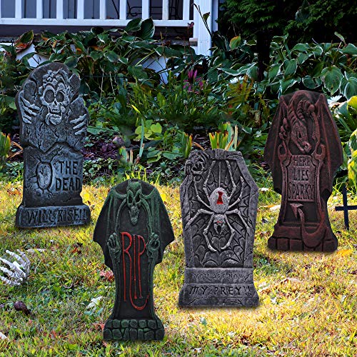 43 cm Lápida Sepulcral de Espuma para Halloween (6 Piezas), Lápida con Diferentes Estilos y Estacas de Metal Adicionales para Decoraciones de Jardín de Halloween