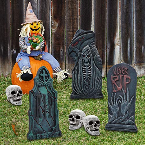 43 cm Lápida Sepulcral de Espuma para Halloween (6 Piezas), Lápida con Diferentes Estilos y Estacas de Metal Adicionales para Decoraciones de Jardín de Halloween