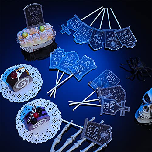 48 Piezas Decoraciones de Pastel de Halloween Palillos de Lápidas para Cupcake Toppers de Cementerio para Cupcake Topper de Lápida de Torta para Suministro de Fiesta de Halloween, 8 Estilos