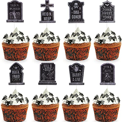 48 Piezas Decoraciones de Pastel de Halloween Palillos de Lápidas para Cupcake Toppers de Cementerio para Cupcake Topper de Lápida de Torta para Suministro de Fiesta de Halloween, 8 Estilos