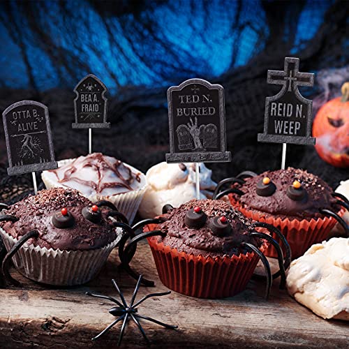 48 Piezas Decoraciones de Pastel de Halloween Palillos de Lápidas para Cupcake Toppers de Cementerio para Cupcake Topper de Lápida de Torta para Suministro de Fiesta de Halloween, 8 Estilos