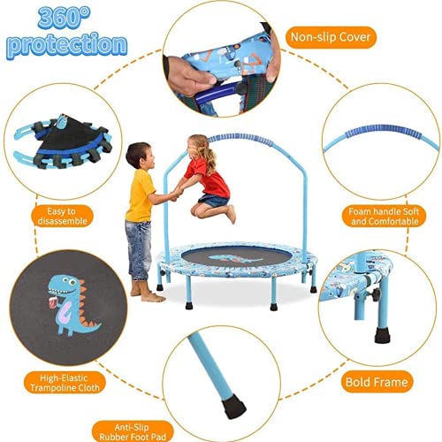 Ø96cm Trampolín para niños Mini Cubierta Plegable para trampolín de Fitness con pasamanos Ajustable y Seguridad Acolchada para Uso en Interiores / Exteriores （Dinosaurio）