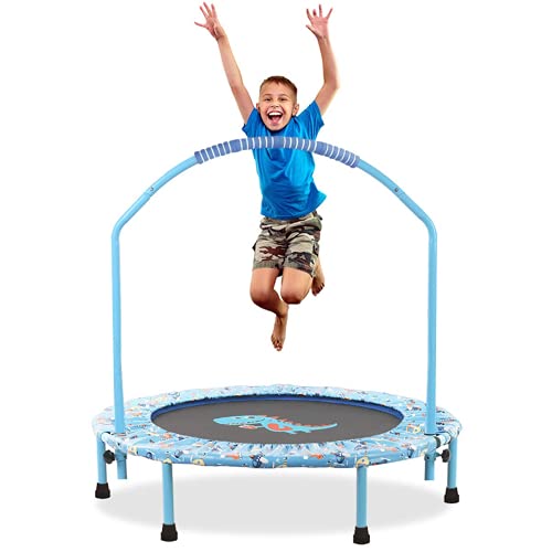 Ø96cm Trampolín para niños Mini Cubierta Plegable para trampolín de Fitness con pasamanos Ajustable y Seguridad Acolchada para Uso en Interiores / Exteriores （Dinosaurio）