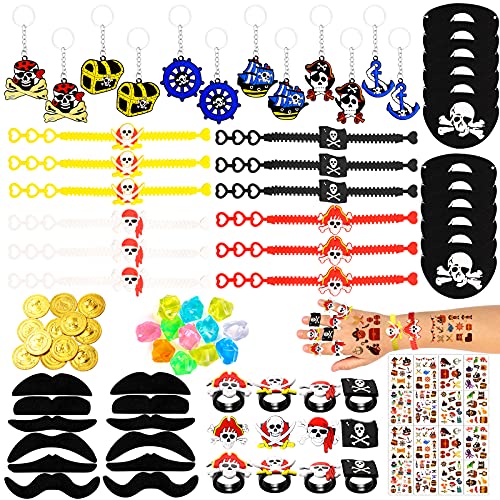 Accesorios para fiestas de piratas Regalos Llaveros de piratas Anillos Pulseras Parche de ojos de pirata Bigote Tatuajes Monedas de oro Tesoro enterrado de piratas Decoración para fiestas