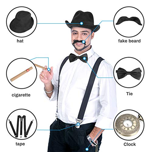 Achort Accesorios de Vestir para Hombre de los años 20, Disfraz de Gatsby Gangster con Sombrero de Trilby, Bigote elástico en la Espalda en Y, Pajarita, Reloj de Bolsillo Vintage y cigarro Artificial