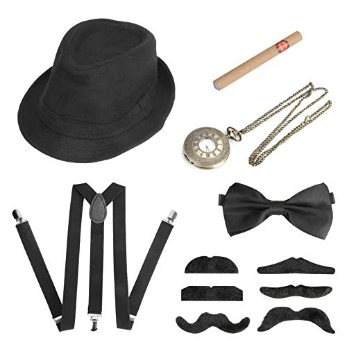 Achort Accesorios de Vestir para Hombre de los años 20, Disfraz de Gatsby Gangster con Sombrero de Trilby, Bigote elástico en la Espalda en Y, Pajarita, Reloj de Bolsillo Vintage y cigarro Artificial