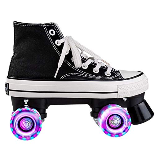 Adultos Quad Wheels Roller Patines, Lona Roller Skate Canvas Roller Roller Skates Ruedas Brillantes, Seguro Y Duradero, Para Adultos Adolescentes Con Alto Estilo De Calzado Superior,Negro,31