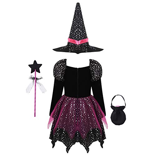 Agoky Disfraz de Bruja para Niña Cosplay Traje Reina Oscuridad 4Pcs Brillantes Estrellas Vestido Tutú de Princesa Disfraz de Halloween Fiesta Negro 3-4 años