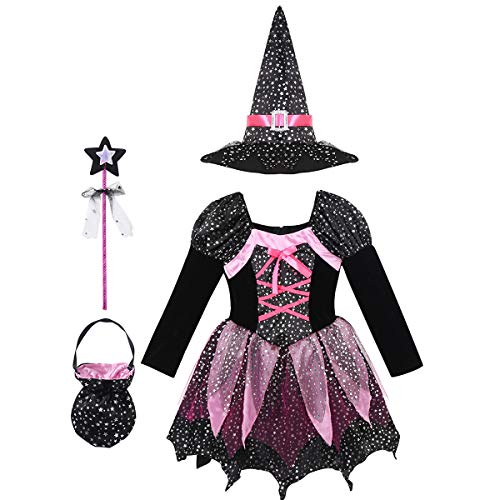 Agoky Disfraz de Bruja para Niña Cosplay Traje Reina Oscuridad 4Pcs Brillantes Estrellas Vestido Tutú de Princesa Disfraz de Halloween Fiesta Negro 3-4 años