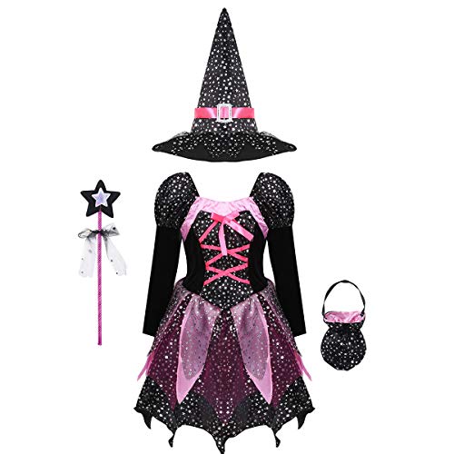 Agoky Disfraz de Bruja para Niña Cosplay Traje Reina Oscuridad 4Pcs Brillantes Estrellas Vestido Tutú de Princesa Disfraz de Halloween Fiesta Negro 3-4 años