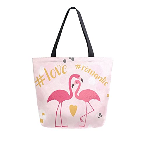 ALAZA Bolso de compras reutilizable de oro con flamenco, color rosa, para el día de San Valentín, bolsa de almacenamiento de comestibles, bolso de viaje plegable