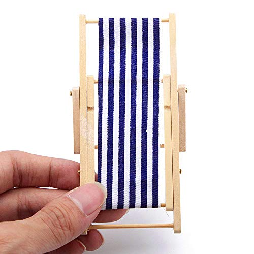 Amaoma Silla Playa Miniatura Tumbona Madera Silla Plegable Miniaturas Casa de Muñecas 1/12 Mini Sillas de Playa Juguetes Muebles Accesorios con Raya Roja/ Azul para Interior Exterior 2 Piezas