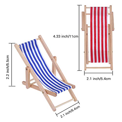 Amaoma Silla Playa Miniatura Tumbona Madera Silla Plegable Miniaturas Casa de Muñecas 1/12 Mini Sillas de Playa Juguetes Muebles Accesorios con Raya Roja/ Azul para Interior Exterior 2 Piezas