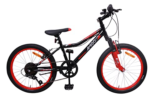 Amigo Attack - Bicicleta Infantil de 20 Pulgadas - para niños de 5 a 9 años - con V-Brakes, 6 velocidades, Timbre y estándar - Negro/Rojo