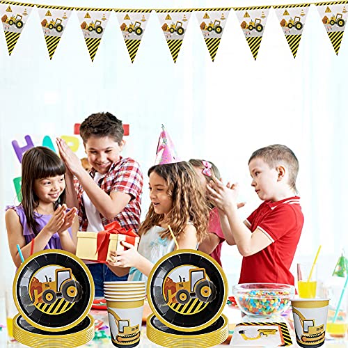 Amycute 12 niños vajilla de Excavadora, Juego de Cubiertos de cumpleaños Infantil con Vasos, Platos, pajas para Fiesta de cumpleaños