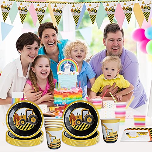 Amycute 12 niños vajilla de Excavadora, Juego de Cubiertos de cumpleaños Infantil con Vasos, Platos, pajas para Fiesta de cumpleaños