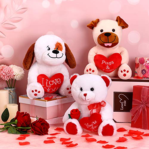 Animal Relleno de Peluche de San Valnetín Animal de Felpa de 10 Pulgadas Juguete de Peluche de Sosteniendo Corazón Rojo Suave para San Valentín, Boda, Aniversario (Perro de Corazón Amoroso)