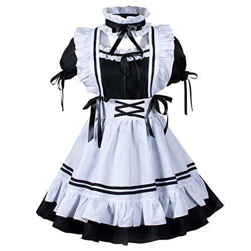 Anime francés criada delantal Lolita Fancy Dress Cosplay traje peludo gato oído guantes calcetines conjunto, Negro-blanco, Large