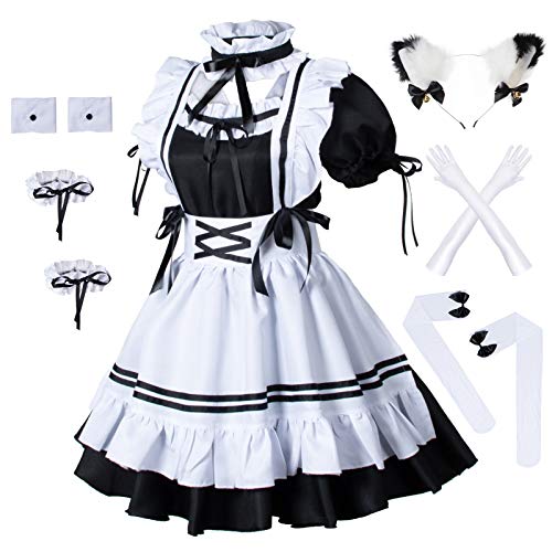 Anime francés criada delantal Lolita Fancy Dress Cosplay traje peludo gato oído guantes calcetines conjunto, Negro-blanco, Large