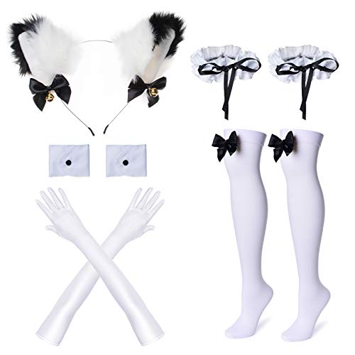 Anime francés criada delantal Lolita Fancy Dress Cosplay traje peludo gato oído guantes calcetines conjunto, Negro-blanco, Large