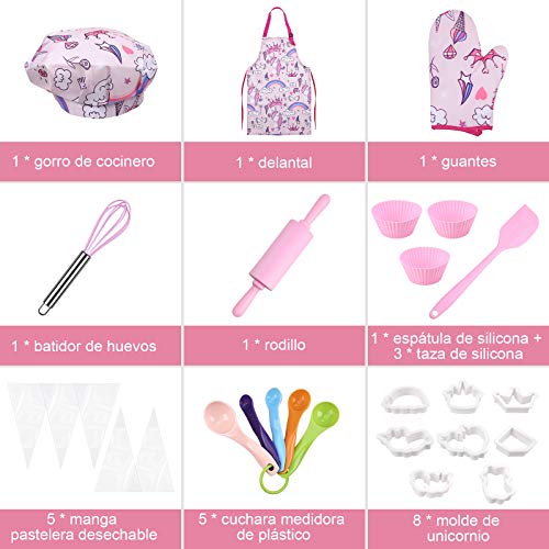 Anpro 27 PCS Kit de Cocina y Horneado para Niños , Juego de Roles para Niños,Chef Set Accesorios de Juego,Regalos para Cumpleaños y Navidad (Rosa, 8-12 años)