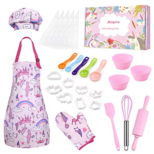 Anpro 27 PCS Kit de Cocina y Horneado para Niños , Juego de Roles para Niños,Chef Set Accesorios de Juego,Regalos para Cumpleaños y Navidad (Rosa, 8-12 años)