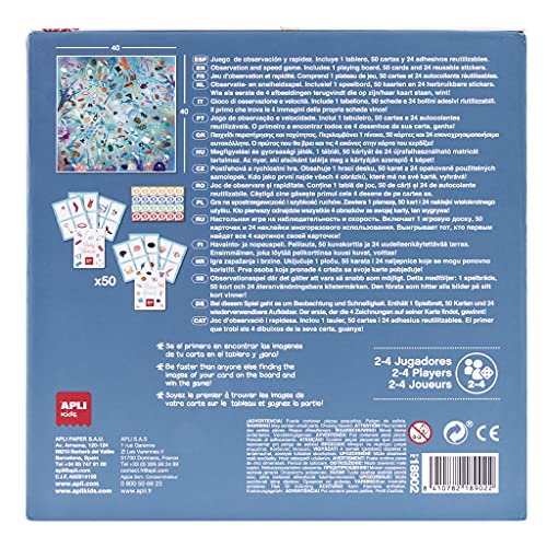 APLI Kids 18902-Juego de observación Save The Ocean para fomentar el Reciclaje-Juego de Mesa Infantil con Tablero de 40 x 40 cm, 50 Cartas y 24 Stickers mágicos (18902)