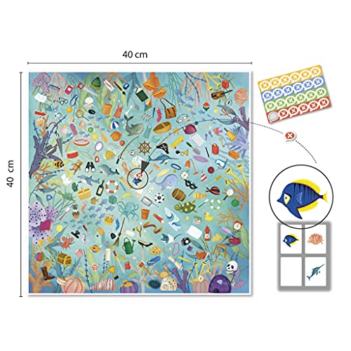 APLI Kids 18902-Juego de observación Save The Ocean para fomentar el Reciclaje-Juego de Mesa Infantil con Tablero de 40 x 40 cm, 50 Cartas y 24 Stickers mágicos (18902)