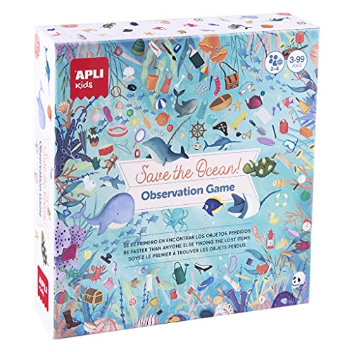 APLI Kids 18902-Juego de observación Save The Ocean para fomentar el Reciclaje-Juego de Mesa Infantil con Tablero de 40 x 40 cm, 50 Cartas y 24 Stickers mágicos (18902)