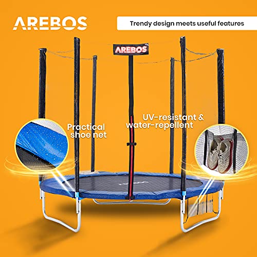 Arebos Trampolín de Exterior Ø 244 cm | Juego Completo Incl. Red de Seguridad, Escalera, colchoneta de Salto, Postes de Red Acolchados, Red para Zapatos y Cubierta de Bordes | Probado por GS