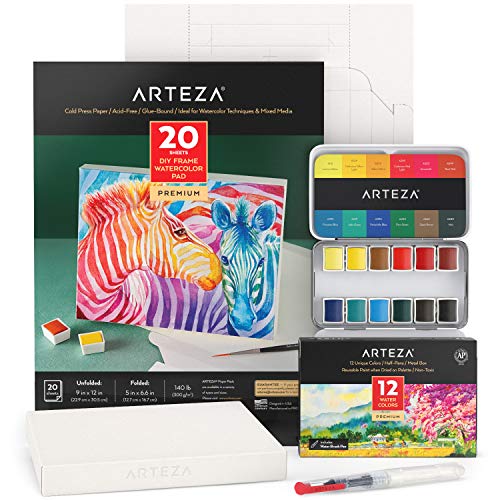 Arteza Watercolour Painting Art Set, Watercolour Half-Pans and Foldable Canvas Paper Bundle, Art Supplies for Kids and Adults