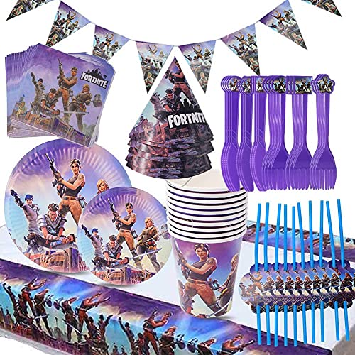 Babioms Game Party Supplies, Diseño de vajilla para fiestas incluye pancartas, platos, tazas, servilletas, gorro, cuchara, tenedores y cuchillos Suministros para fiestas de videojuegos(88pcs)