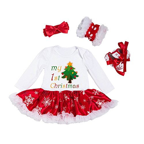 BabyPreg Bebe niña Mi Primera Navidad Vestido de Fiesta de Disfraces de Santa 4PCS (3-6 Meses, árbol)