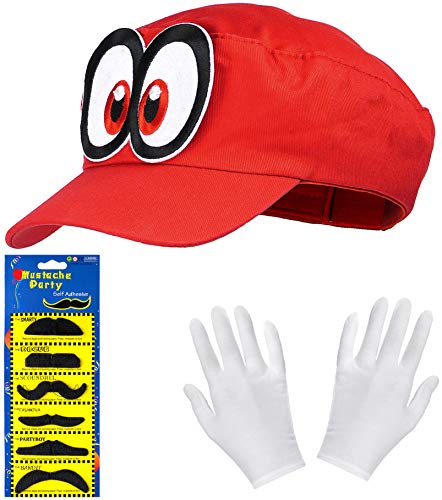 Balinco Juego de Gorra roja Super Mario Odyssey con Guantes Blancos y Barba Adhesiva para Adultos y niños – para Carnaval o Fiestas de Disfraces – Gorra / Sombrero para Hombres y Mujeres