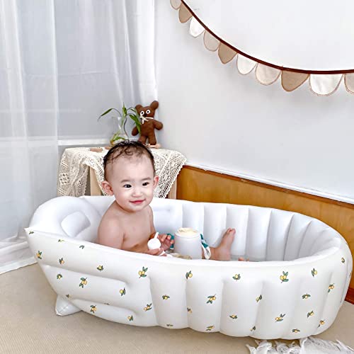 Bañera Inflable, Bañera Plegable para Bebés Portátil PVC Exquisito Espacio Grande Agradable para la Piel con Tubo de Desinflado para Sala de Estar en Casa para Viajes para Niños(Flor de olivo)