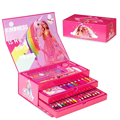 Barbie Maletin Pinturas, Material Escolar Con Ceras de Colores Y Lapices De Colores, Kit Dibujo Para Niña