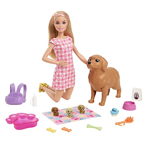 Barbie Muñeca con Mascotas - Mamá Perro con Función de Parto - 3 Cachorros y Accesorios - Muñeca Articulada: 29,21 cm - Regalo para Niños de 3-7 Años