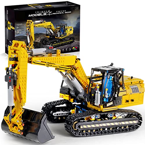 BBDI Excavadora de control remoto, 1830 piezas + piezas de construcción de excavadora con Bluetooth, 2,4 GHz, mando a distancia 4 canales, máquina excavadora eléctrica, compatible con Lego Technic