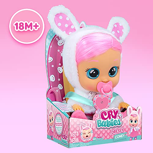 Bebés Llorones Dressy Coney el Conejo | Muñeca interactiva Que llora de Verdad con Pelo a peinar, Ropa para Vestir y Accesorios para Jugar + Portabebés