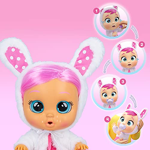 Bebés Llorones Dressy Coney el Conejo | Muñeca interactiva Que llora de Verdad con Pelo a peinar, Ropa para Vestir y Accesorios para Jugar + Portabebés