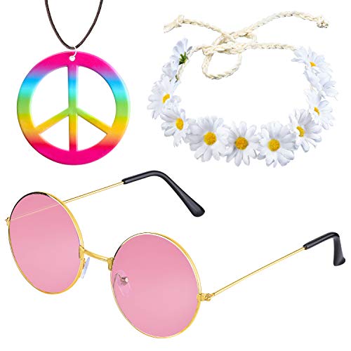 Beelittle Hippie Costume Set - Estilo Retro de los años 60 Gafas Vintage Signo de la Paz Collar Corona de Girasol Banda para el Cabello Conjunto de Accesorios de aderezo de Hippie de los años 60 (B)