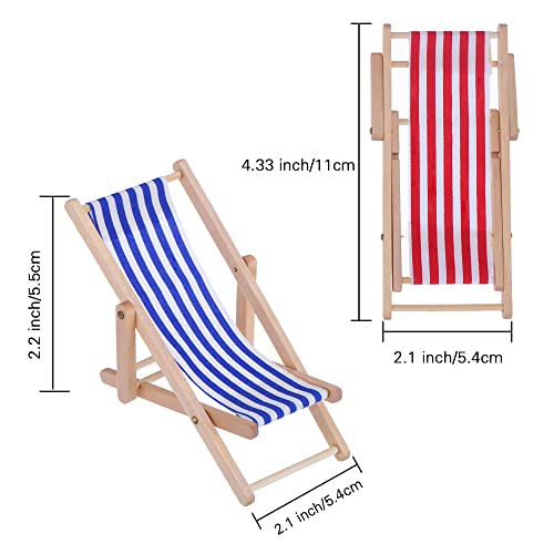 Bememo 2 Piezas 1:12 Silla de Playa de Madera Plegable de Miniatura Tumbona Mini Muebles Accesorios con Raya Roja/ Azul para Interior Exterior