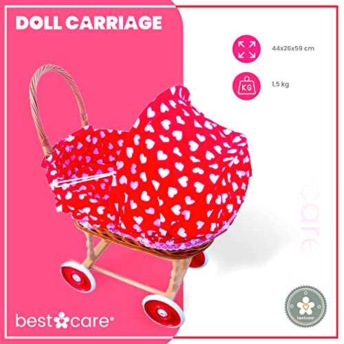 BestCare® Cochecito de Muñecas de Mimbre | Con cama roja en corazones | Juguetes de mimbre | 44x26x59cm | Cumpleaños, Vacaciones, Papá Noel | Decoración| Producto de la UE